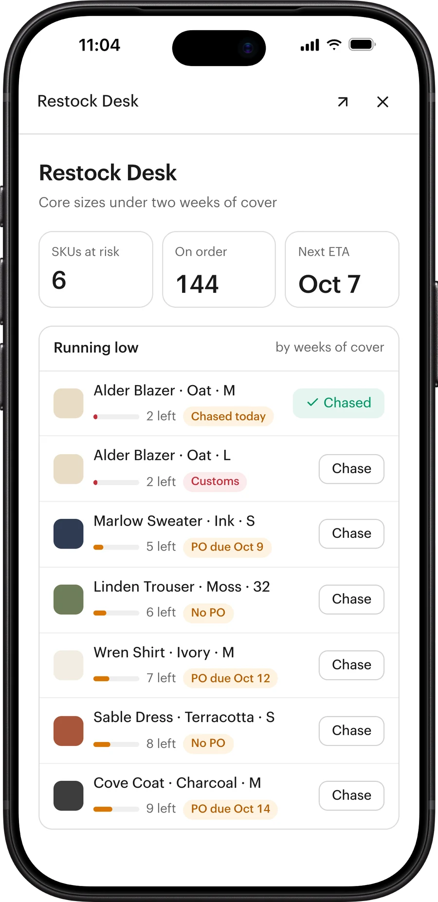 A Restock Desk app listing products running low, each with a button to chase its supplier