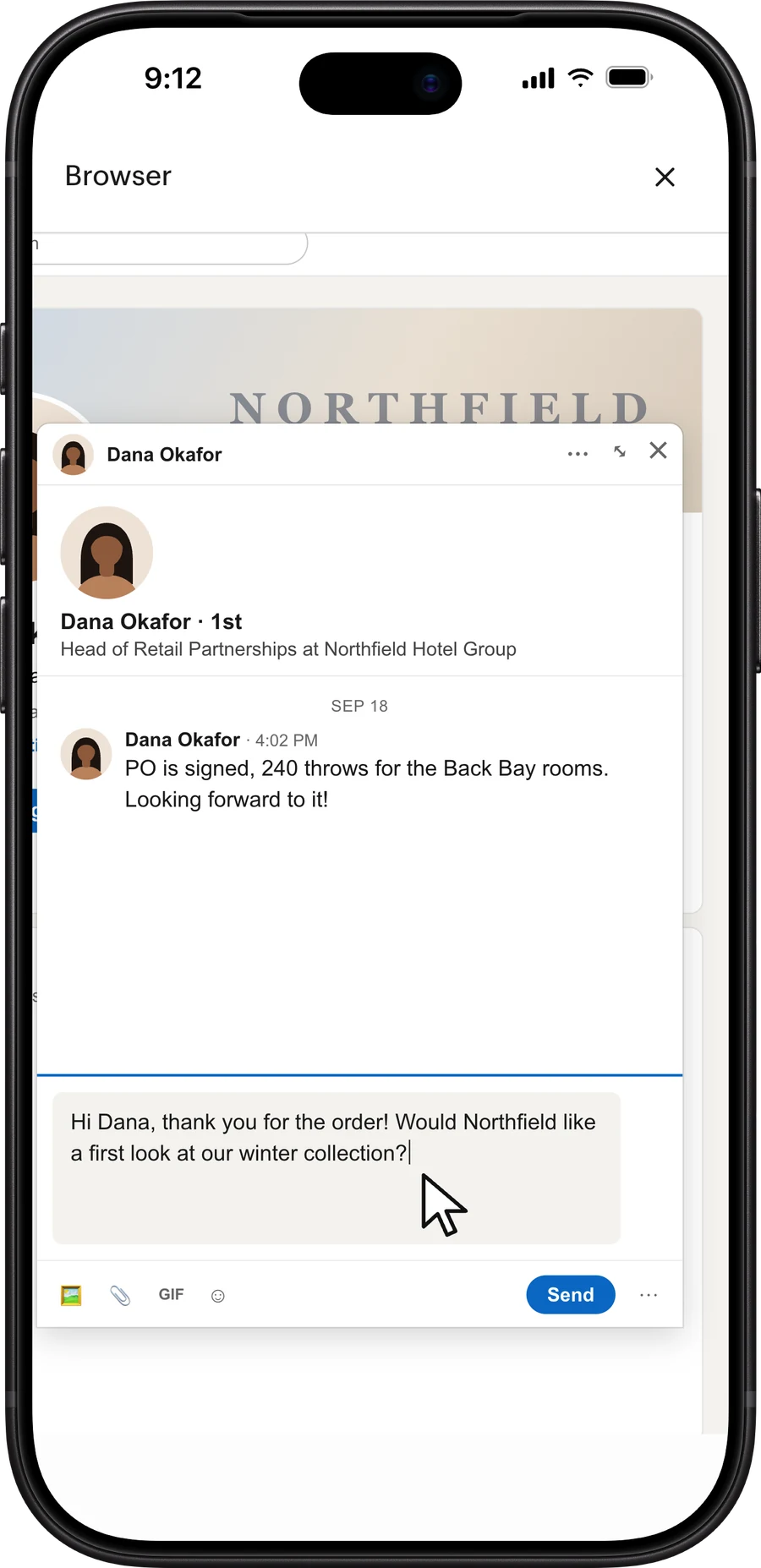 Fieldwork's browser on LinkedIn, the agent's cursor in a message thanking a hotel group's buyer for an order