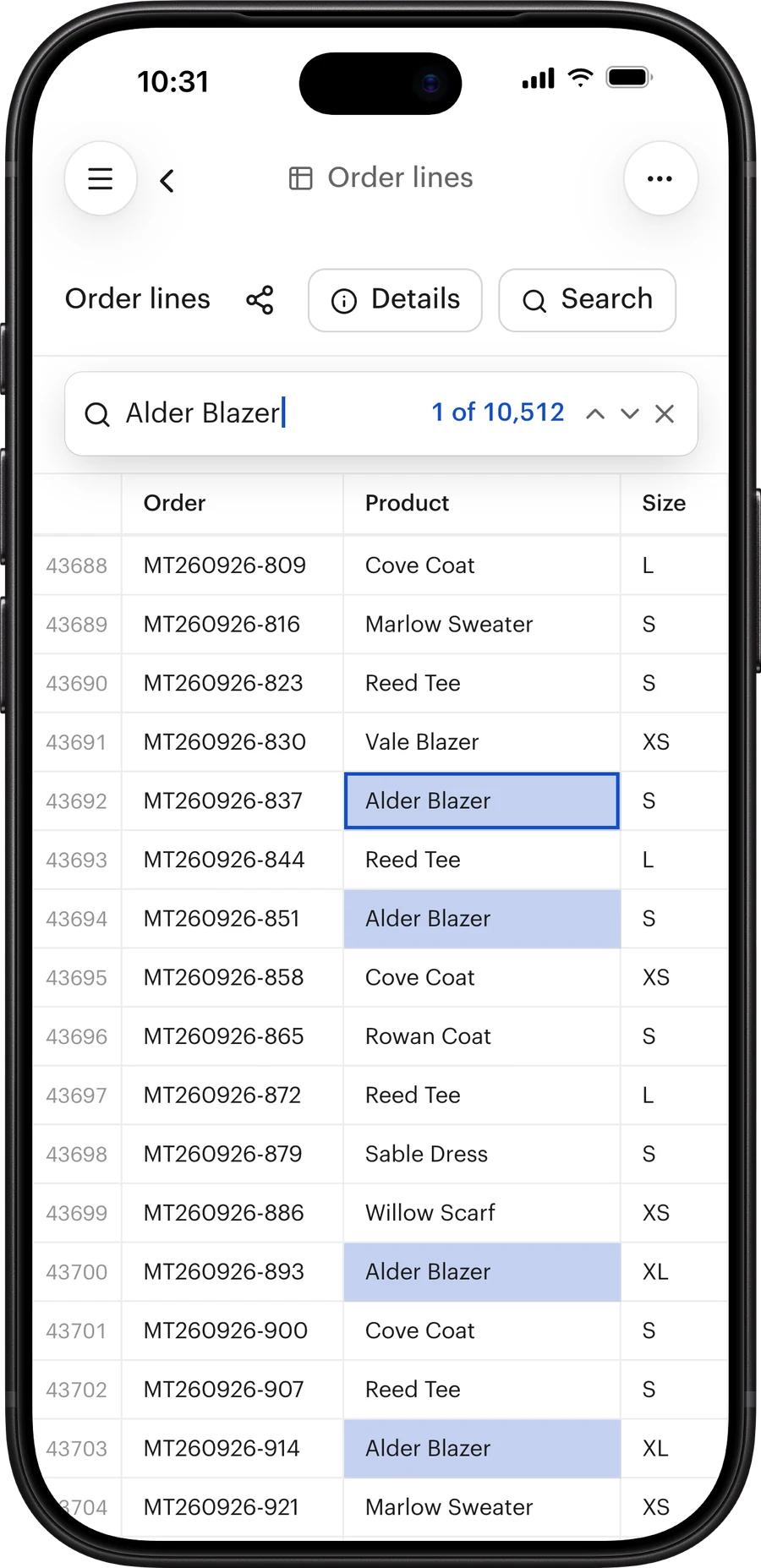 A Fieldwork sheet of order lines, searched for one product across more than 43,000 rows