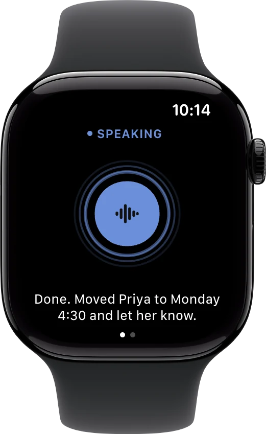 An Apple Watch showing Fieldwork has moved Priya to Monday and let her know